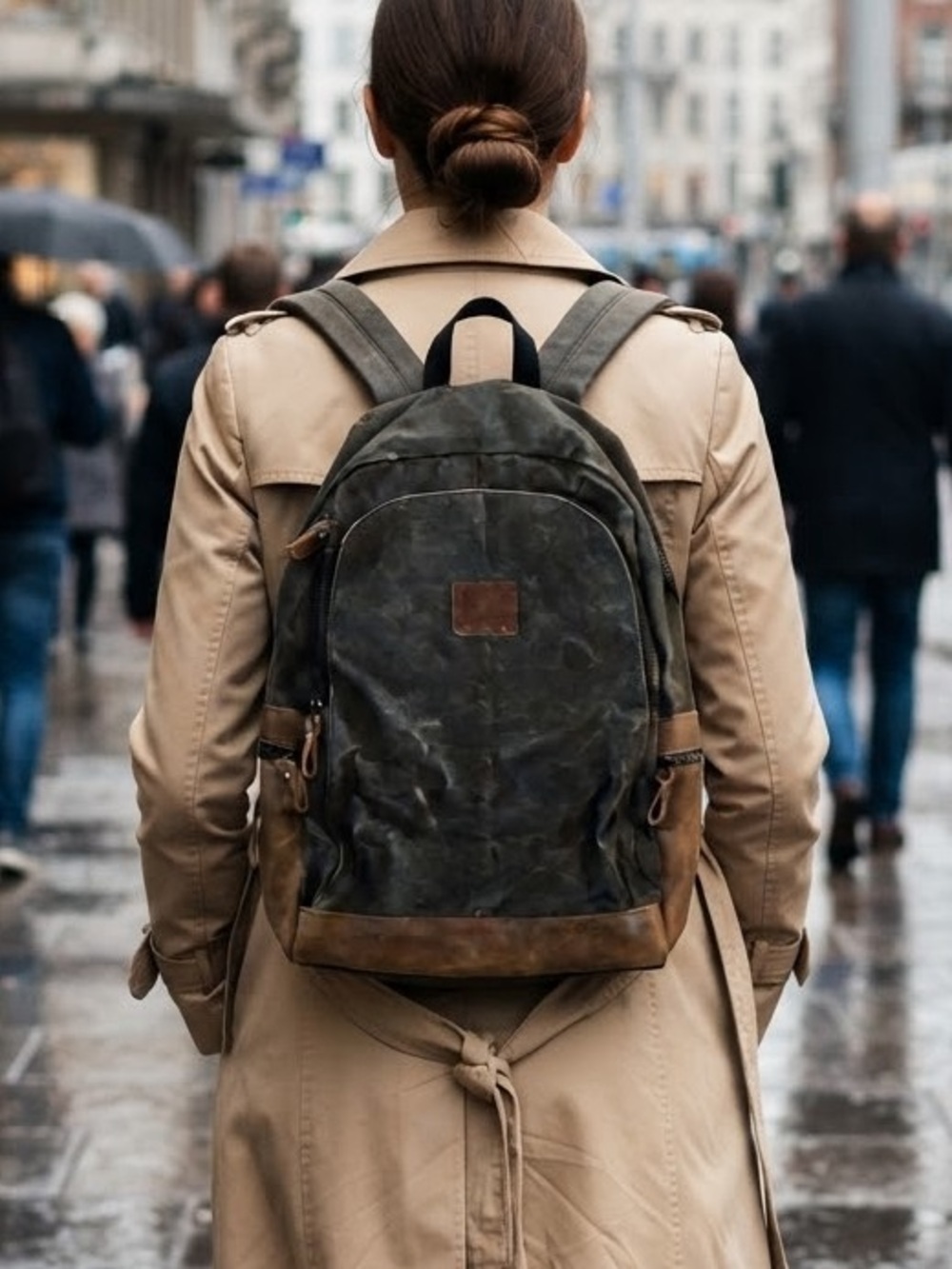 Waxed Canvas Leather Trim Dark Green Backpack Laptop Bag Commute Travel Office
